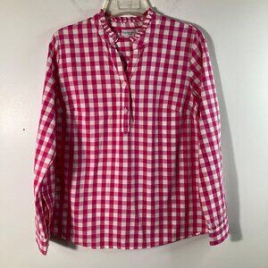 Womens Kim Rogers Petite 1/2 Button Pullover Gingham Blouse Pink White PS Cotton